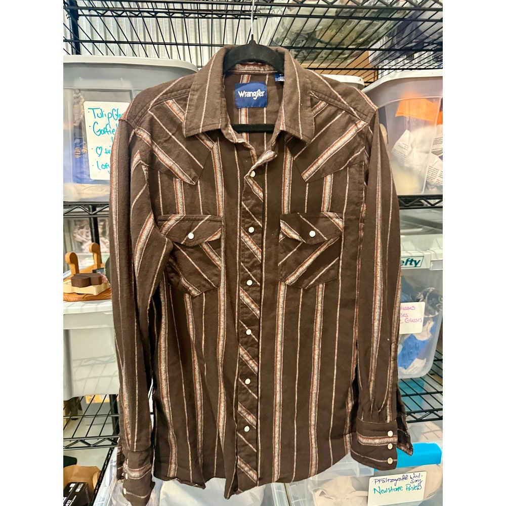 Wrangler Vintage Western Pearl Snap Shirt Brown Striped Flannel Long Sleeve S